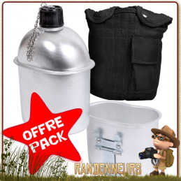 Set gourde aluminium militaire et sa housse polyester robuste noire, avec doublure isolante