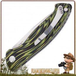 Couteau pliant de survie lame 10 cm acier 440 satiné à cran intérieur et flipper pour ouverture rapide manche g10 vert noir